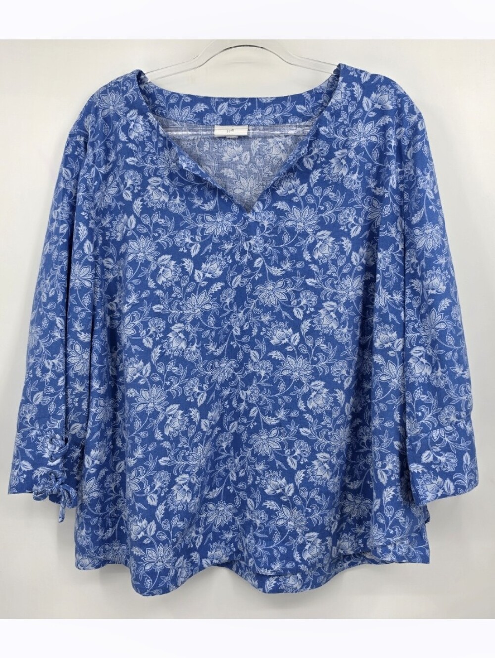 J. Jill Blue White Floral Print Tunic Top XL Linen Blend 3/4 Sleeve V Neck